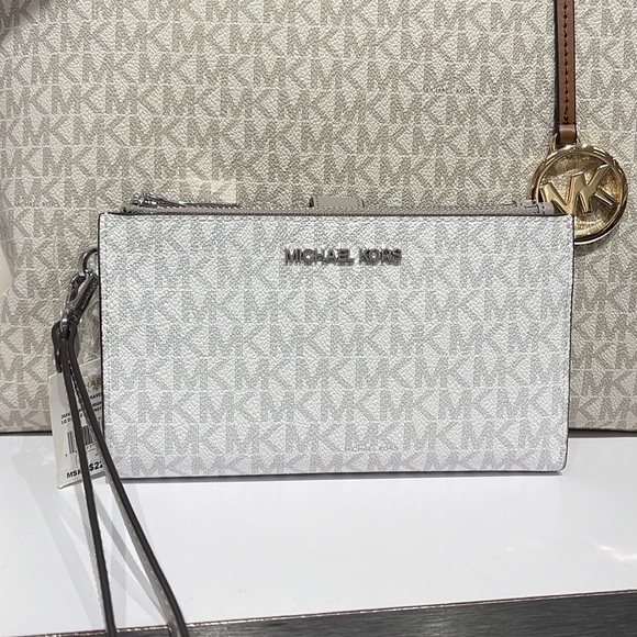 MICHAEL KORS LARGE DOUBLE ZIP WRISTLET PHONEHOLDER WALLET CLUTCH BRIGHT WHITE - Picture 2 of 16